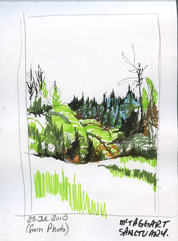 A loose, semi-abstract sketch of trees and an open field of grass