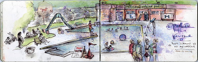 A drawing of an outdoor pool, with several people playing in and around the pool.
