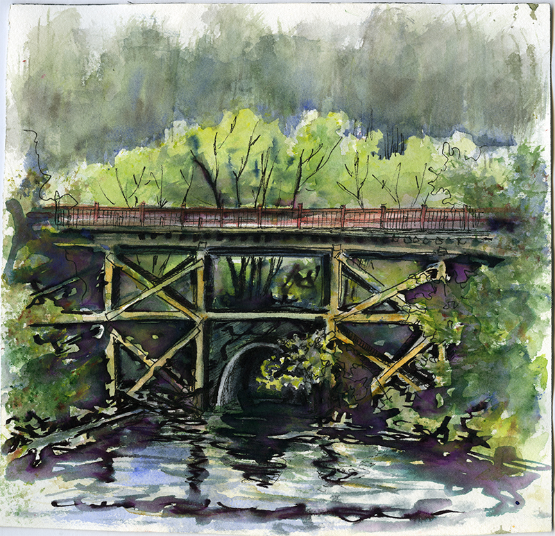 A painting of a trestle bridge over water in a forested area.