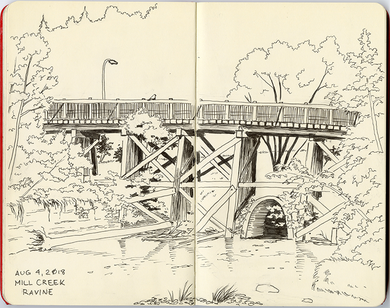 A black and white sketch of a trestle bridge over water, with trees surrounding it.