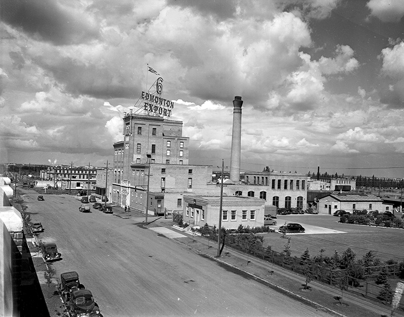 A black and white photo of Sick's Brewery from 1949, which later became Molson Brewery.