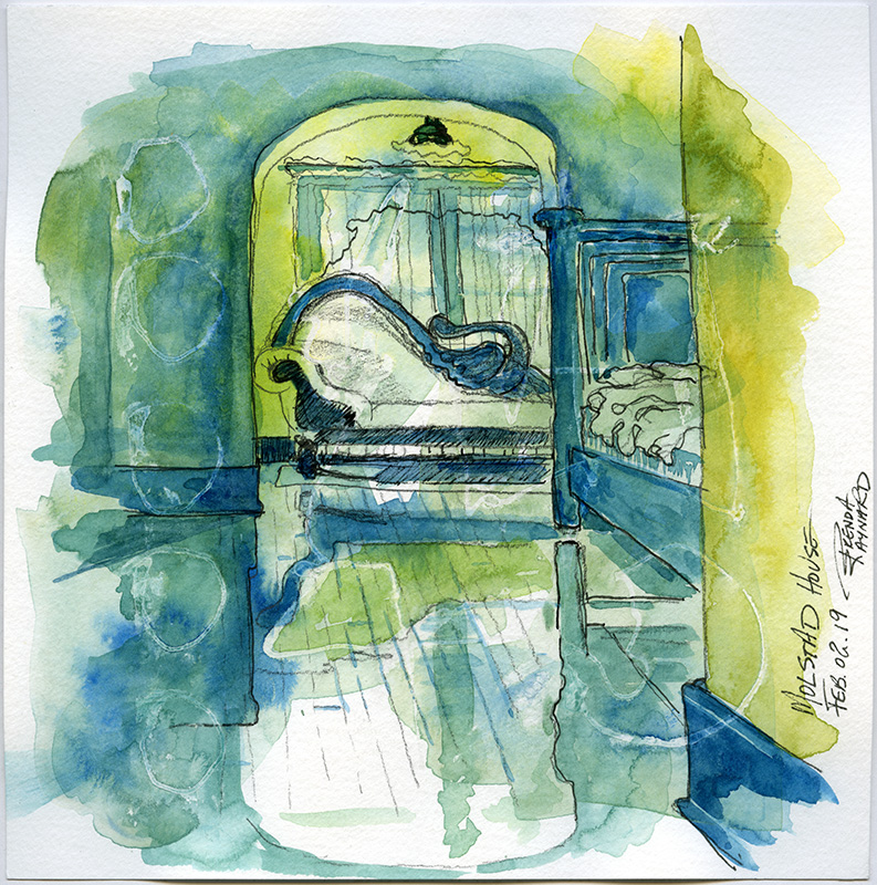 A stylized blue and yellow watercolour painting featuring the entryway of a room.