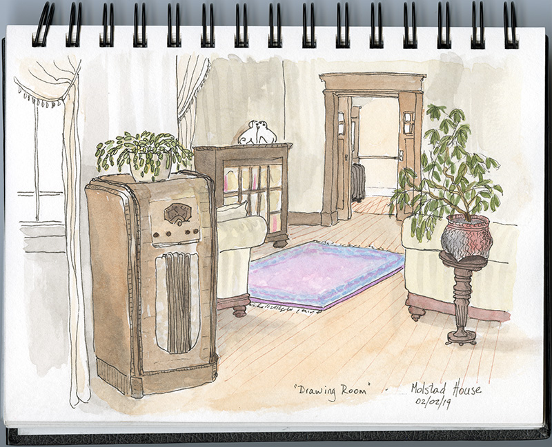 A watercolour sketch featuring an early 1910s style living room and furniture.