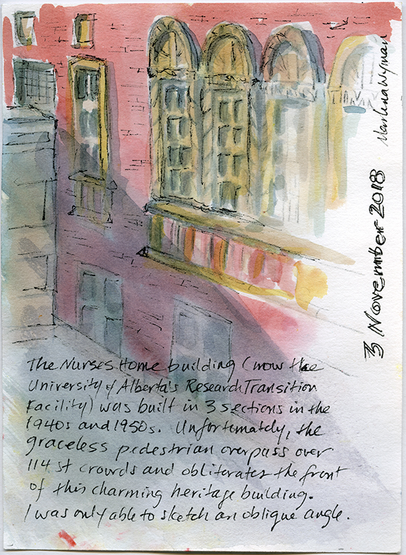 A sketch of a red exterior wall with yellow window sills.