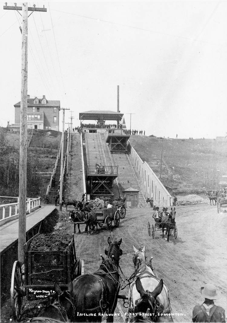 The Edmonton Incline Railway from the bottom, along with horse-drawn carriages.