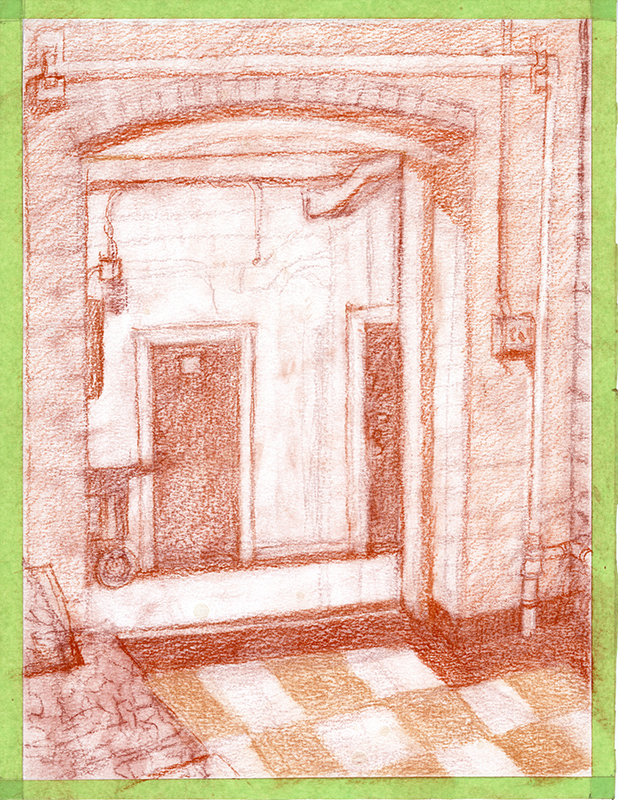 A sketch featuring the hallwayof an old building.