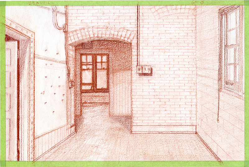 A red pencil crayon sketch of the interior of an old building with brick walls and an open doorway.