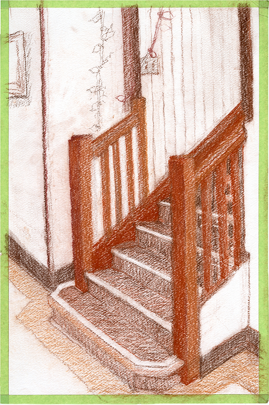 A sketch of a brown wooden staircase.