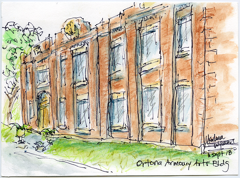 A sketch of a long brick building with several windows.
