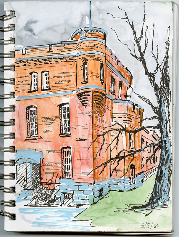 A sketch of a red brick building on a cloudy day, partially obscured by a bare tree.