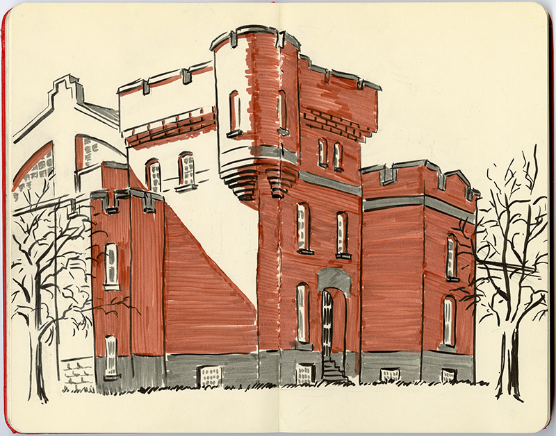 A sketch featuring the side view of a red building, highlighted to look as though the sun is reflecting off of it..