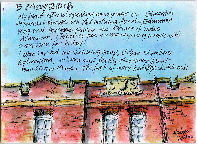 A sketch of the top half of a red brick building and blue sky.