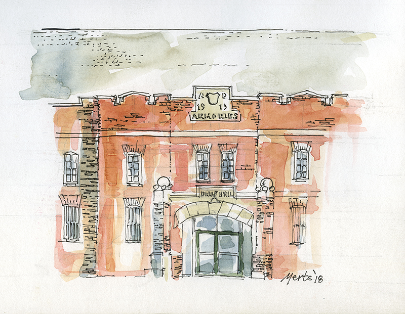 A sketch of a two storey red brick building