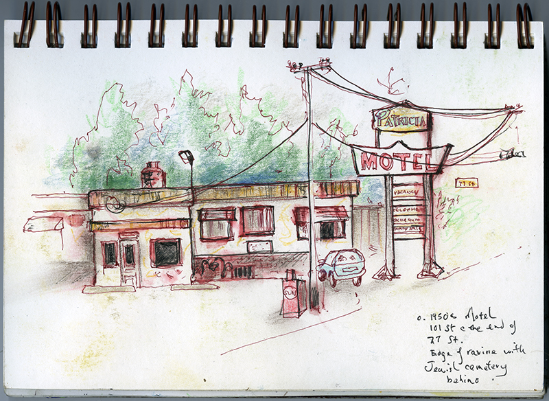 A sketch of an old motel next to a large "motel" sign.