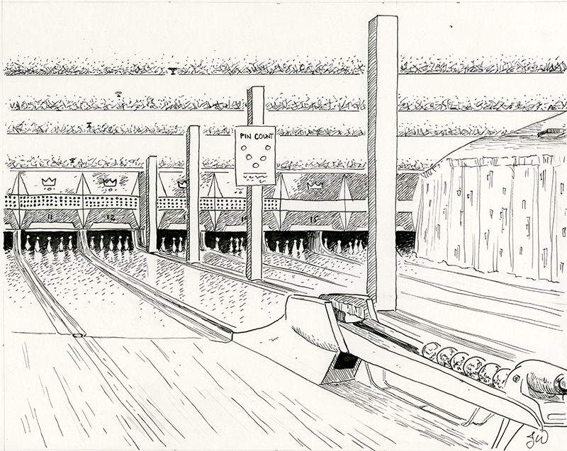 A black and white line drawing of a bowling alley.