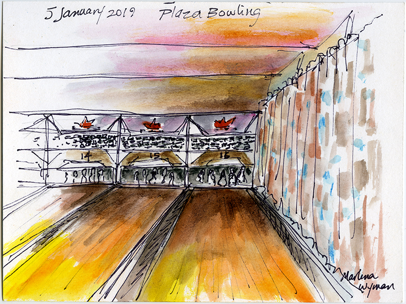 A colourful sketch of a bowling alley.