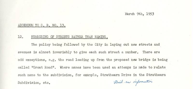 A report from 1953 regarding assigning numbers to streets and avenues.