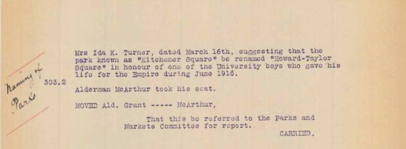 An Excerpt from 1917 discussing the renaming of Kitchener Square.