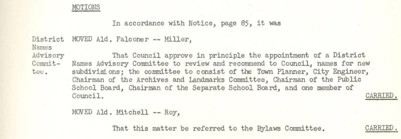 Excerpt from 1956 council minutes discussing the approval of the creation of a District Names Advisory Committee