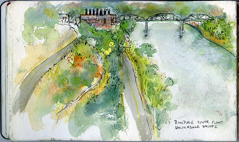A watercolour painting featuring a forest, a river, and a powerplant next to a truss bridge in the distance.