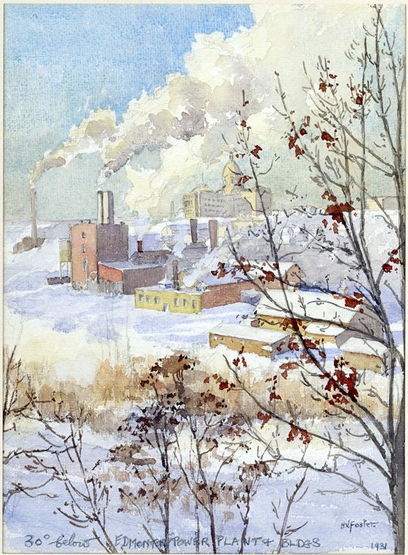 A painting of an old factory in the distance during winter, with bare trees in the foreground.