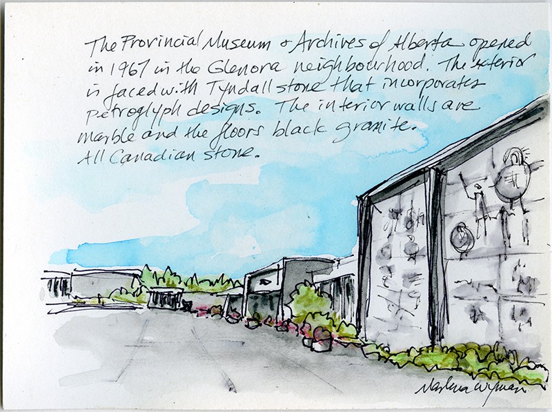A sketch of a long white building, decorated with flowers and plants.