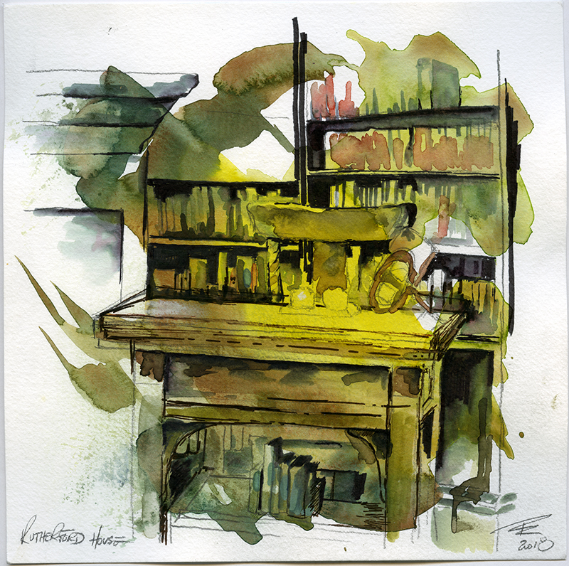 A watercolour painting of an old wooden desk in front of bookshelves.