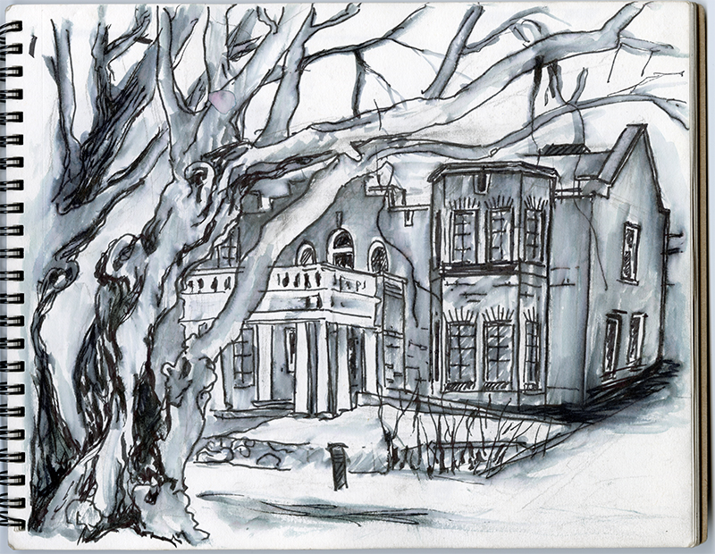 A black and white sketch of an ornate two storey house, partially obscured by a tree.