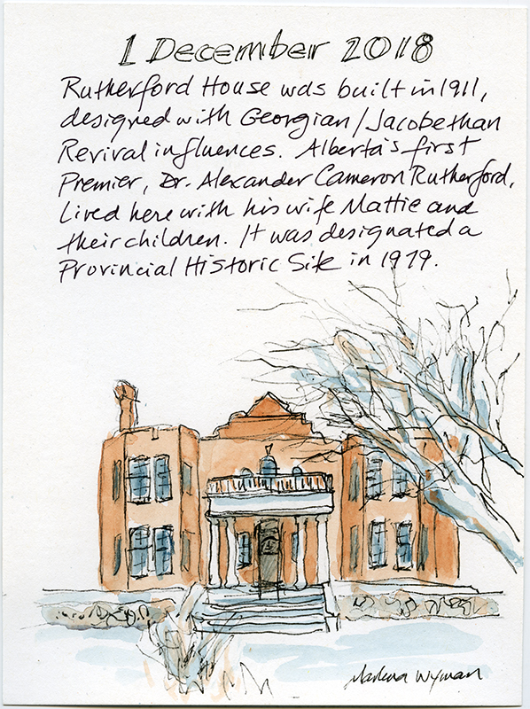 A sketch of the front of a two storey house in winter.