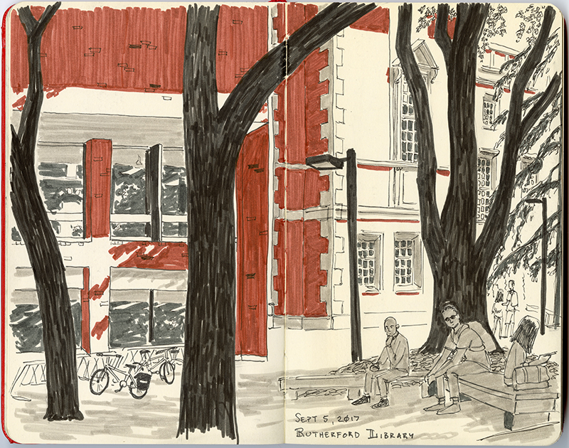 A sketch of a large red library, with bare trees and people sitting on benches in the foreground.