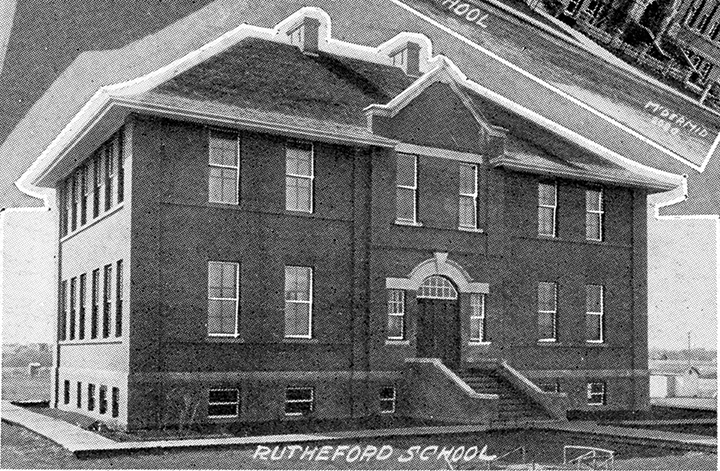Black and white photo. A small multi-story school building. A stairway in front leads to a single entrance. Text overlaid at the bottom of the photo reads "Rutherford School". The photo appears to be part of a collage, as the edge of another photo can be seen in the top-right corner.