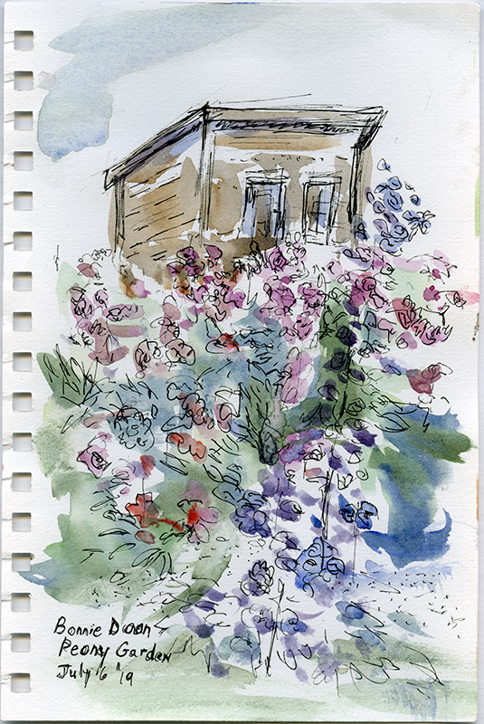 A watercolour sketch of a wooden building behind several pink and purple flowers.