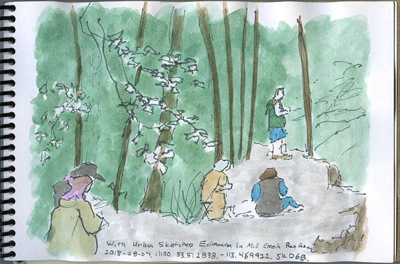 A loose sketch of people drawing while surrounded by trees.