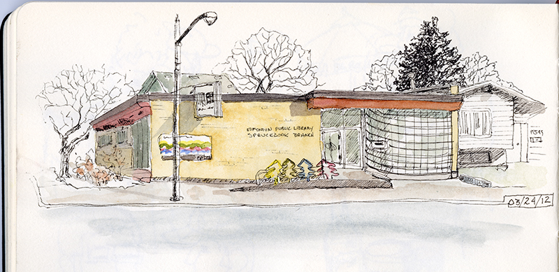 A sketch of a small yellow library building.