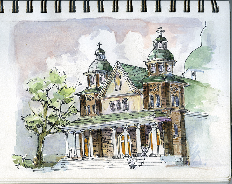 A sketch of a brick Catholic cathedral with a green roof.