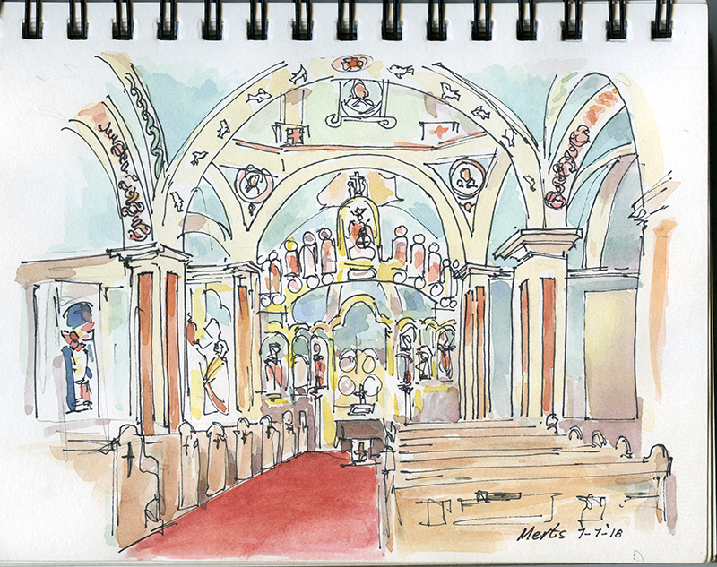 A sketch of the interior of a Catholic Church, featuring pews and intricate ceilings.