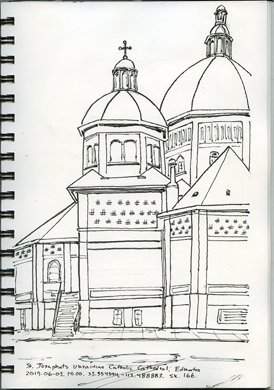 A line drawing of the exterior of a Catholic Cathedral, with two cupolas visible in the sketch.