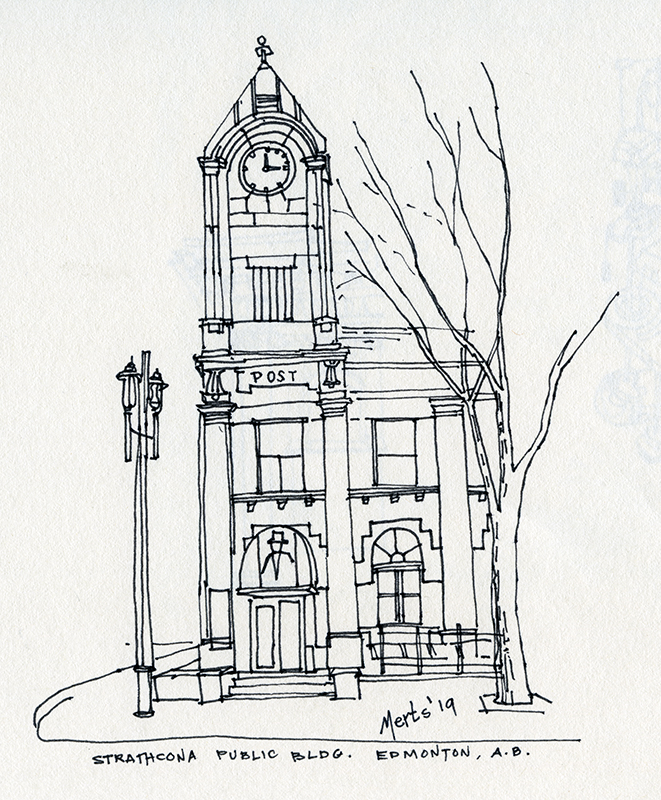 A simple line drawing of a building with a clock tower