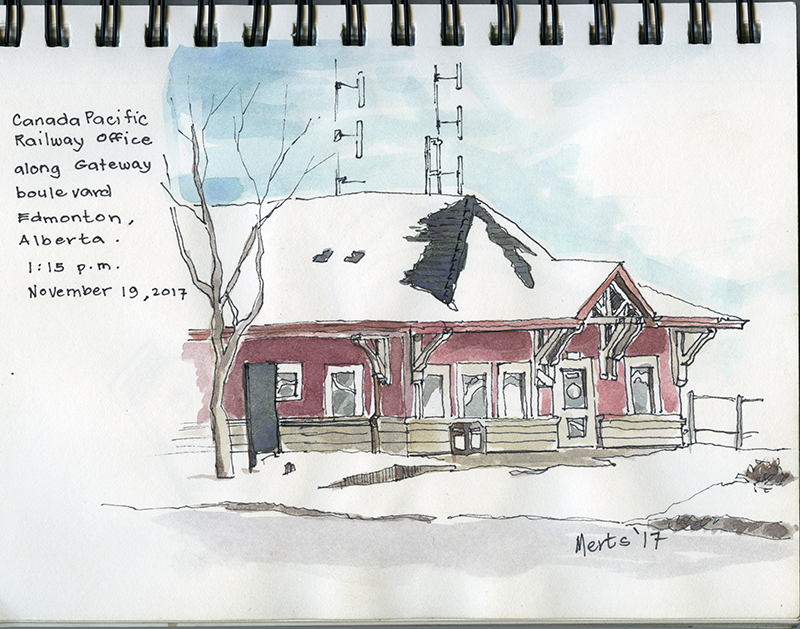 A sketch of the exterior of a historical train station in winter, with the roof covered in snow.