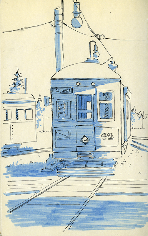A sketch featuring the front view of a streetcar. 