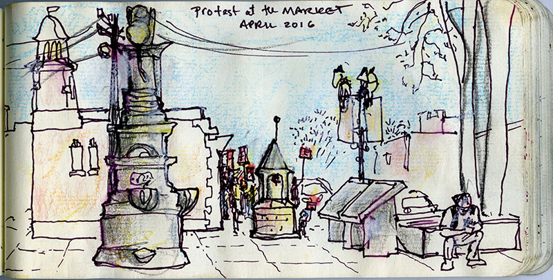 A sketch of a streetscape, featuring an urban street and protesters