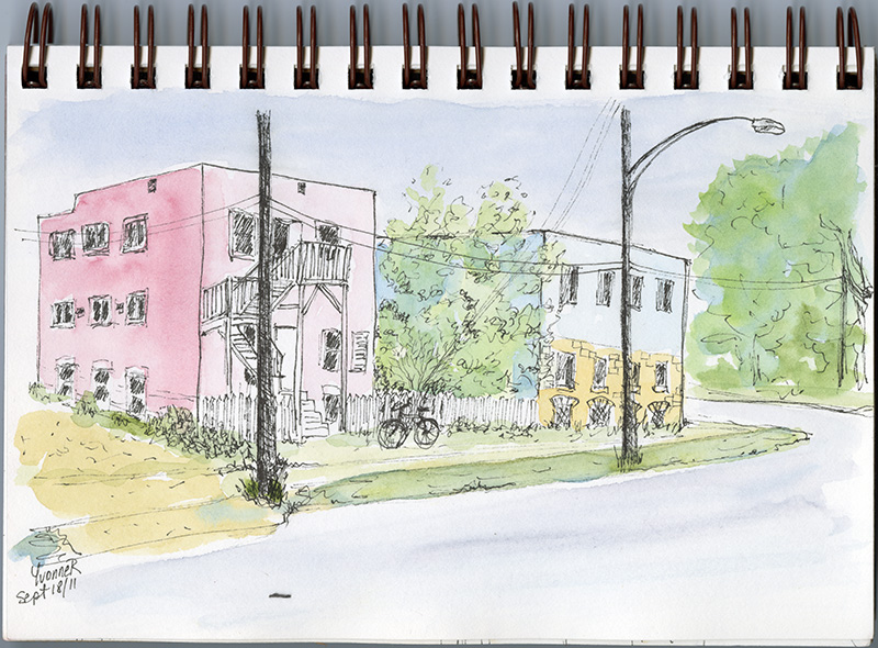 A sketch featuring a rectangular pink apartment and a white and yellow apartment behind powerlines.