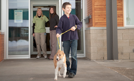 child walking dog on leash outside building
