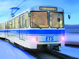 An LRT train travelling during winter