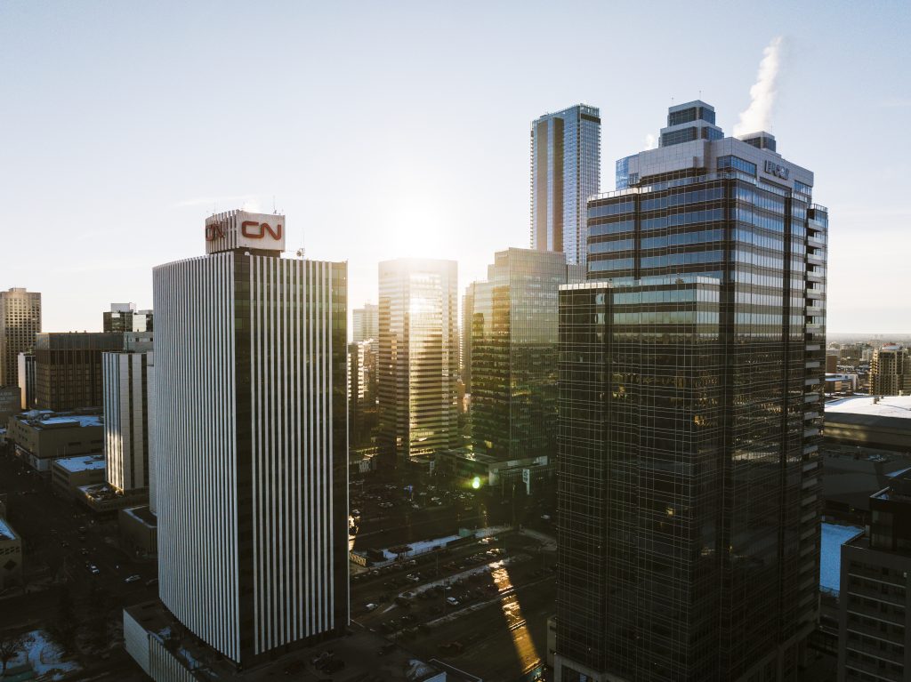 Aerial view of downtown buildings including the CN Tower