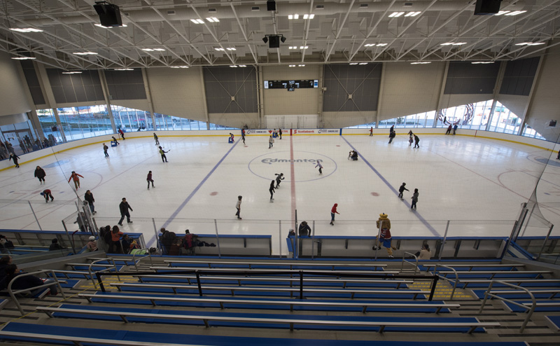 Photo of people skating on arena ice, taken from the top of the spectator area.