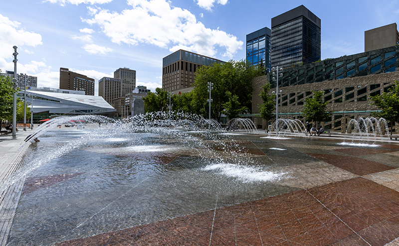 City Hall Fountain, with Stanley Milner Public Library in the background.
