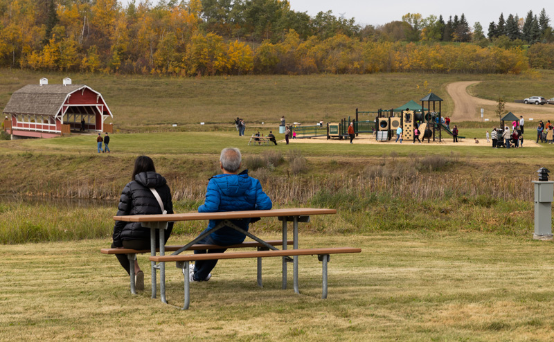Two people sitting on a bench in Northeast River Valley Park. In the background are a barn bridge and playground with children playing.