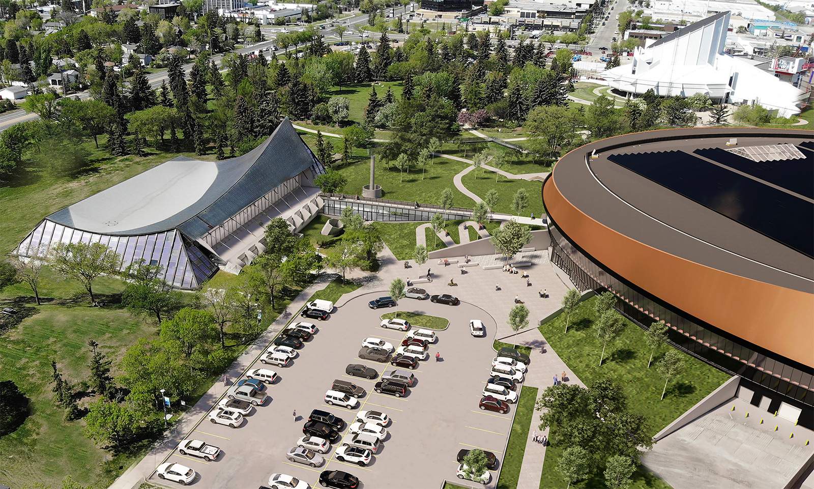 Artist rendering showing Coronation Park and the link between the Coronation Recreation Centre and the Peter Hemingway Leisure Centre, main entrance and parking lot. The science centre is shown in the background. 