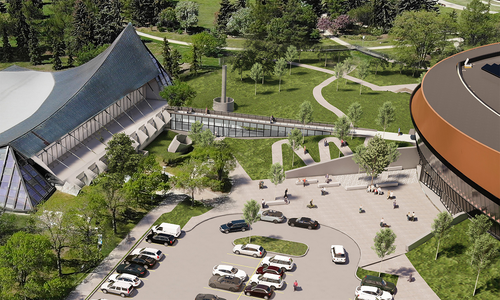 Artist rendering showing the link between the Coronation Recreation Centre and the Peter Hemingway Leisure Centre, main entrance and park path connections. 